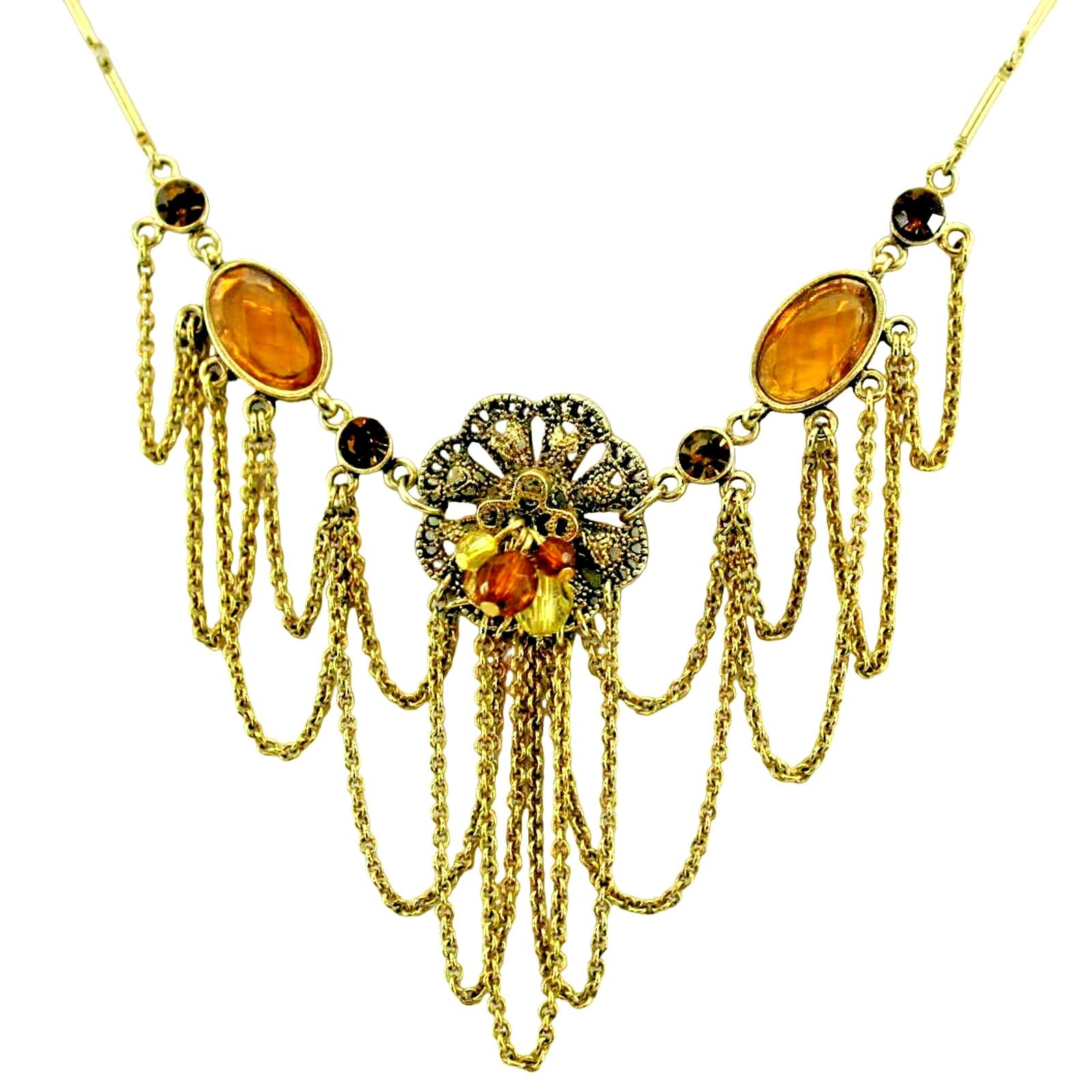 Other Victorian Style Necklace Ambertone Beads Rhinestones Chains Size ONE SIZE - 1 Thumbnail