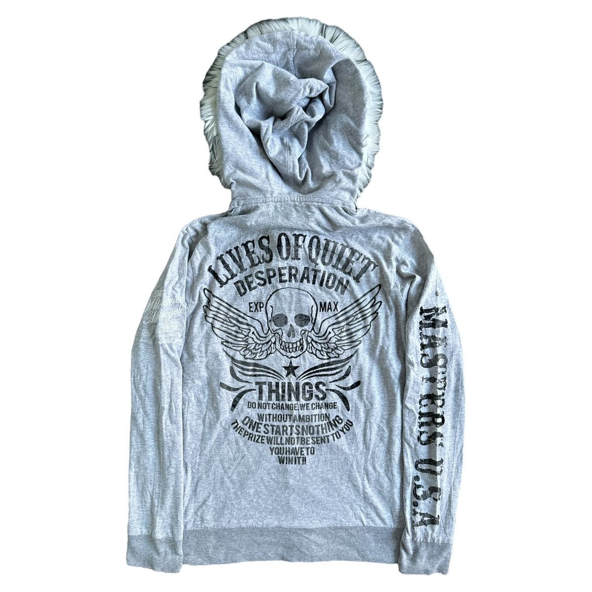 20471120 × Hysteric Glamour × Japanese Brand DISTRESSED Zip Fur HOODIE LIVES OF QUIET DESPERATION PUNK Size US M / EU 48-50 / 2 - 2 Thumbnail