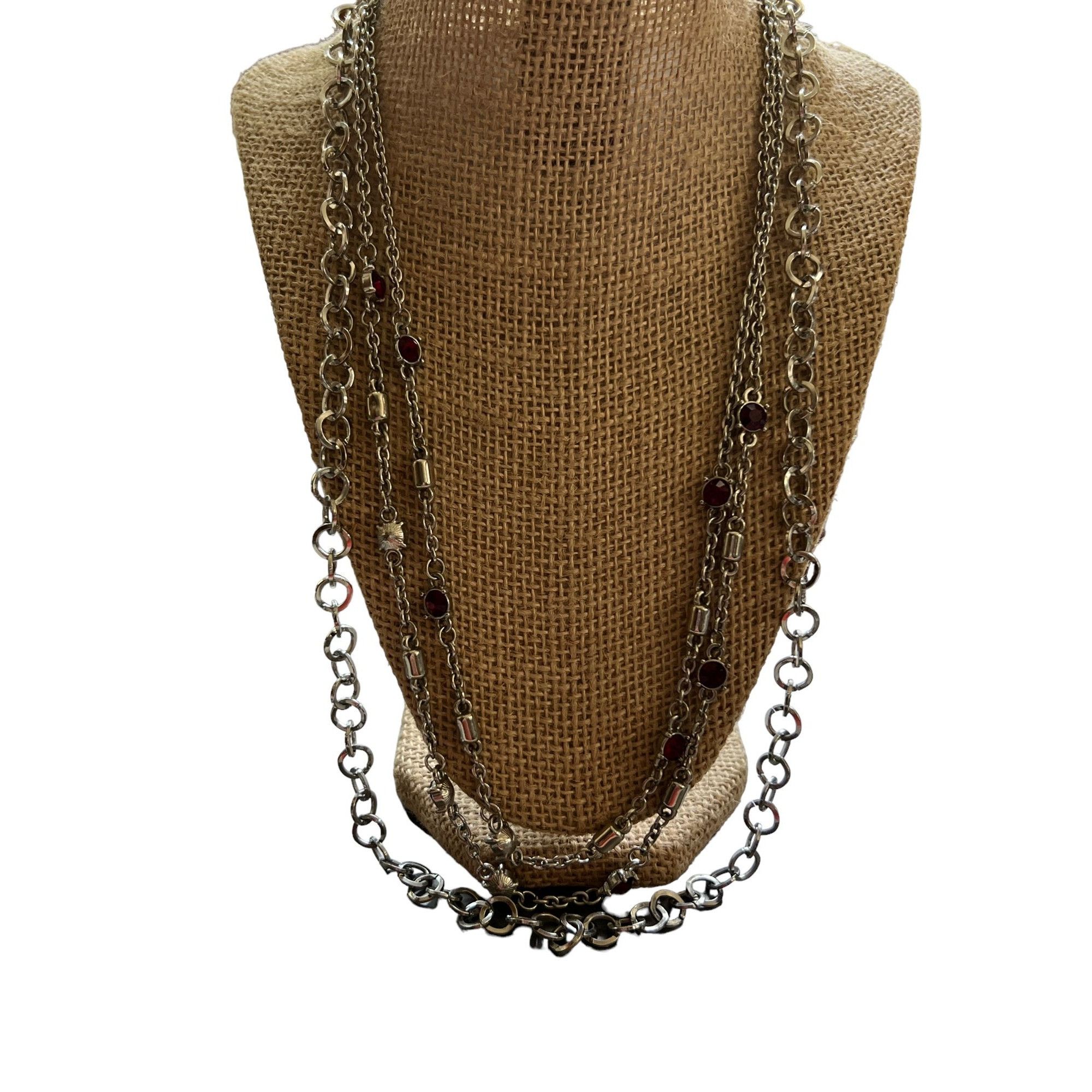 Other 3 Strand Silver Tone Necklace Different Chains Red Rhineston Size ONE SIZE - 1 Thumbnail