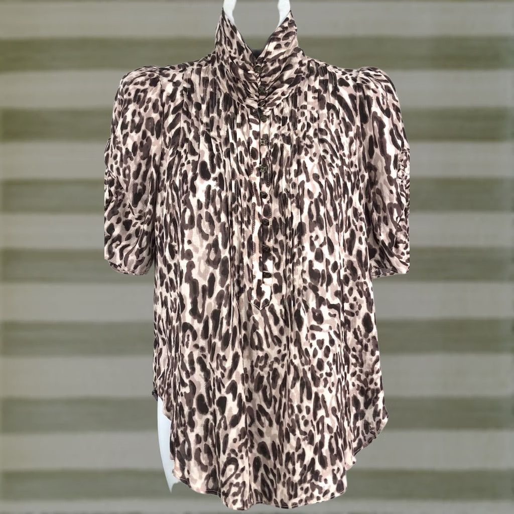 Vintage Mauve Leopard Puff Sleeves Turtleneck Blouse 2 Office Career Button Front Pleated 90s 2000s Womens Size XS / US 0-2 / IT 36-38 - 1 Thumbnail