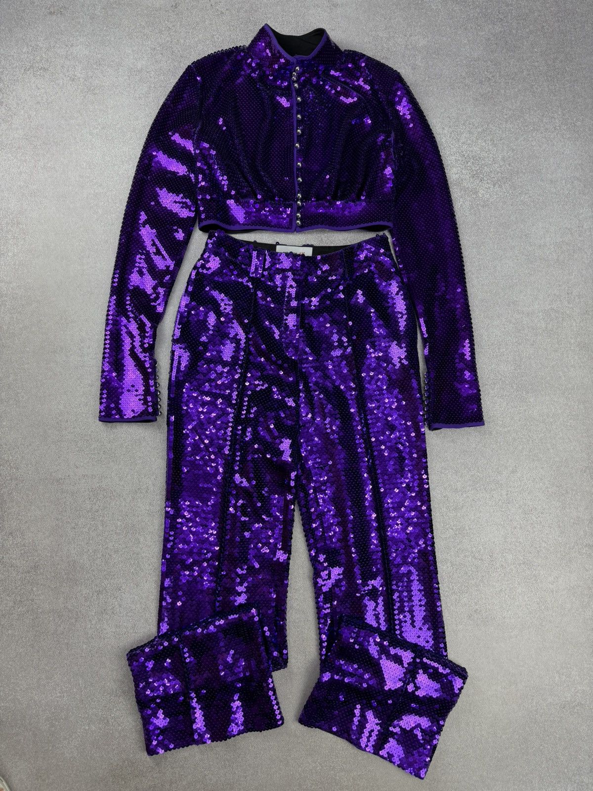 Paco Rabbane H&M Purple Sequin Suit Crop Top and Pants S
