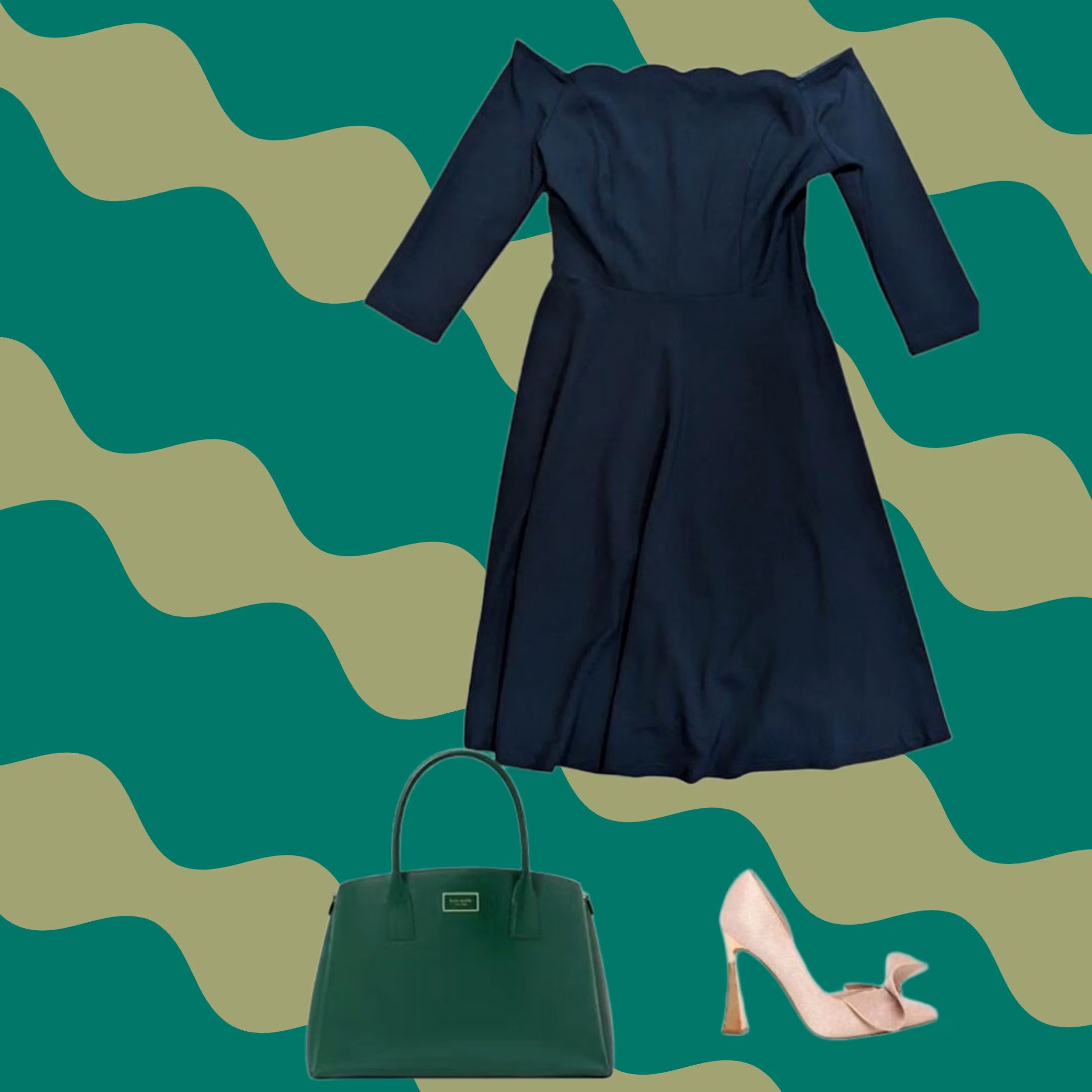 Vintage Navy Blue Off the Shoulder Midi Dress Womens M NWT A-Line Fit & Flare 50s Party Cocktail Formal Wedding Zip Scalloped Knit Polyester Blend Size M / US 6-8 / IT 42-44 - 1 Thumbnail