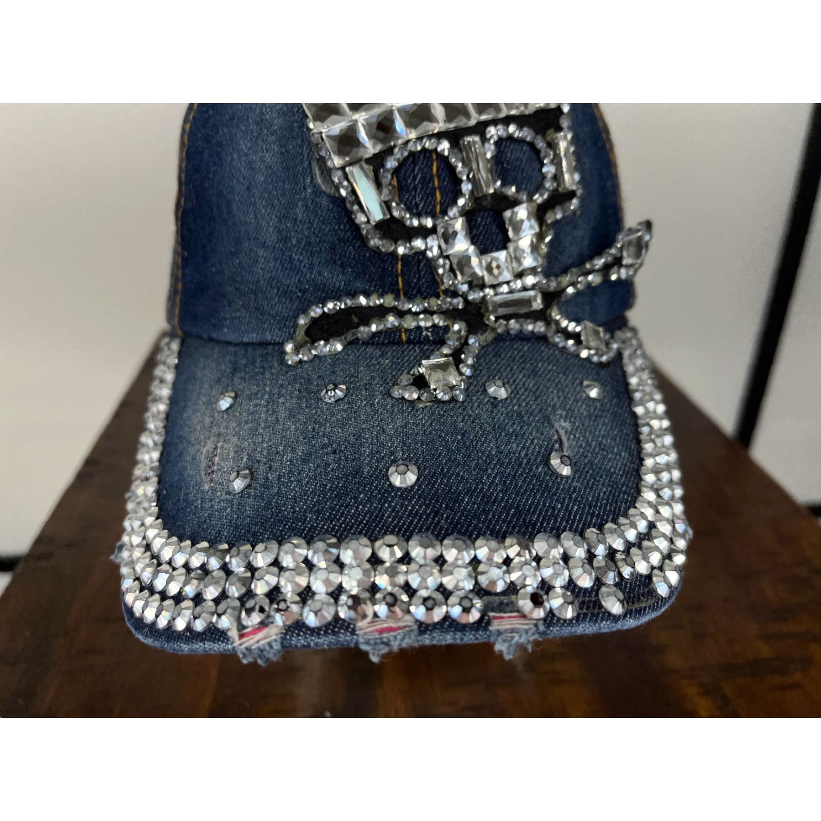 Vintage Blue Denim Skull Hat Cap Strap Back Womens One Size Cotton Twill Rhinestone Adjustable Beaded Beach Outdoor Baseball Cap Womens Hats Size ONE SIZE - 3 Thumbnail