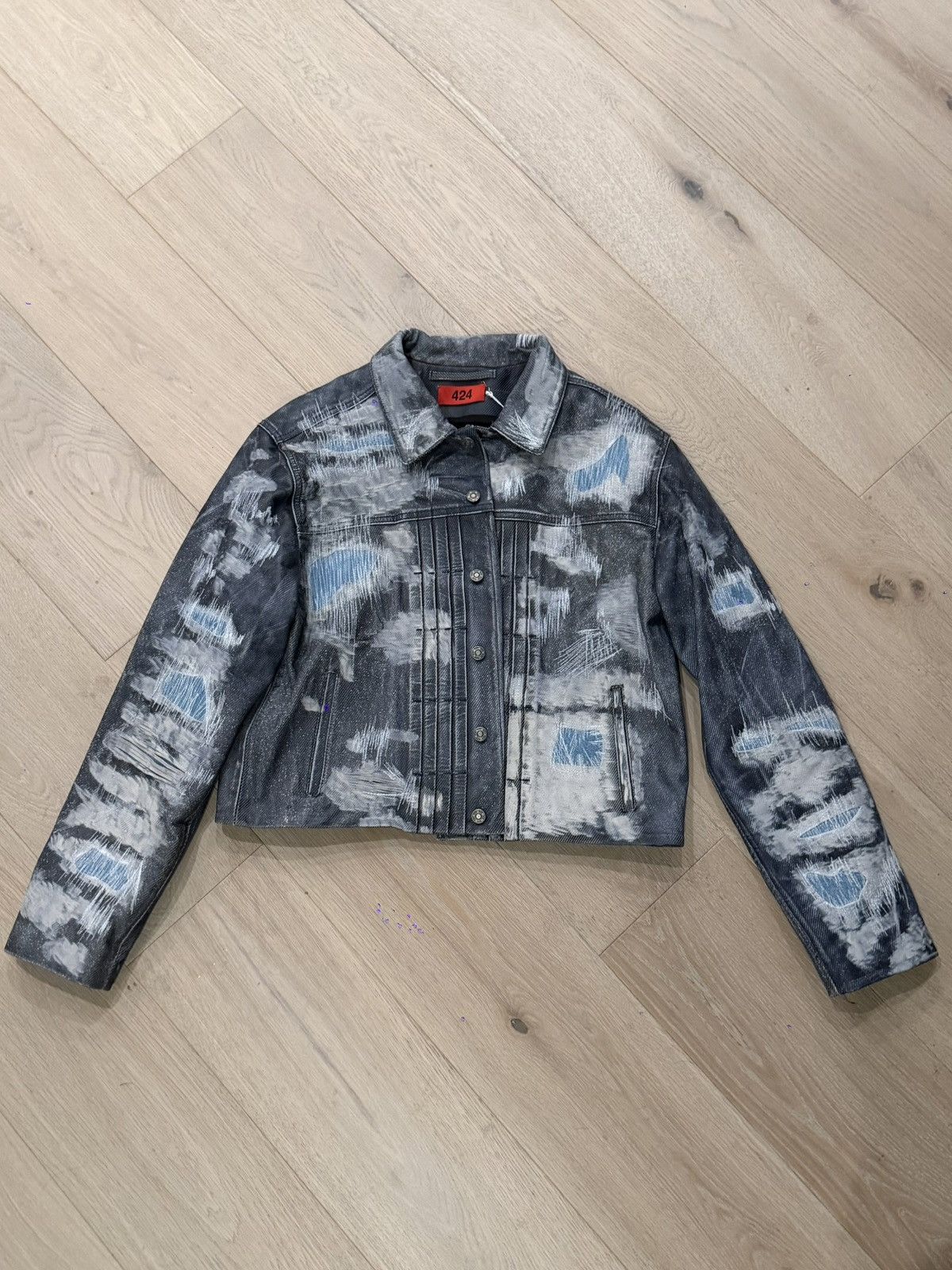 424 Men's Gray Denim-Effect Trucker Leather Jacket Size US M / EU 48-50 / 2 - 1 Thumbnail