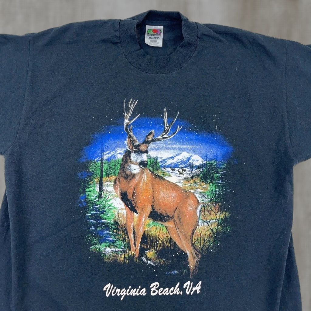 Fruit Of The Loom Vintage Nike Shirt Men Large Black Tee Hunting Deer Buck 90s Y2K VA Beach Size US L / EU 52-54 / 3 - 1 Thumbnail