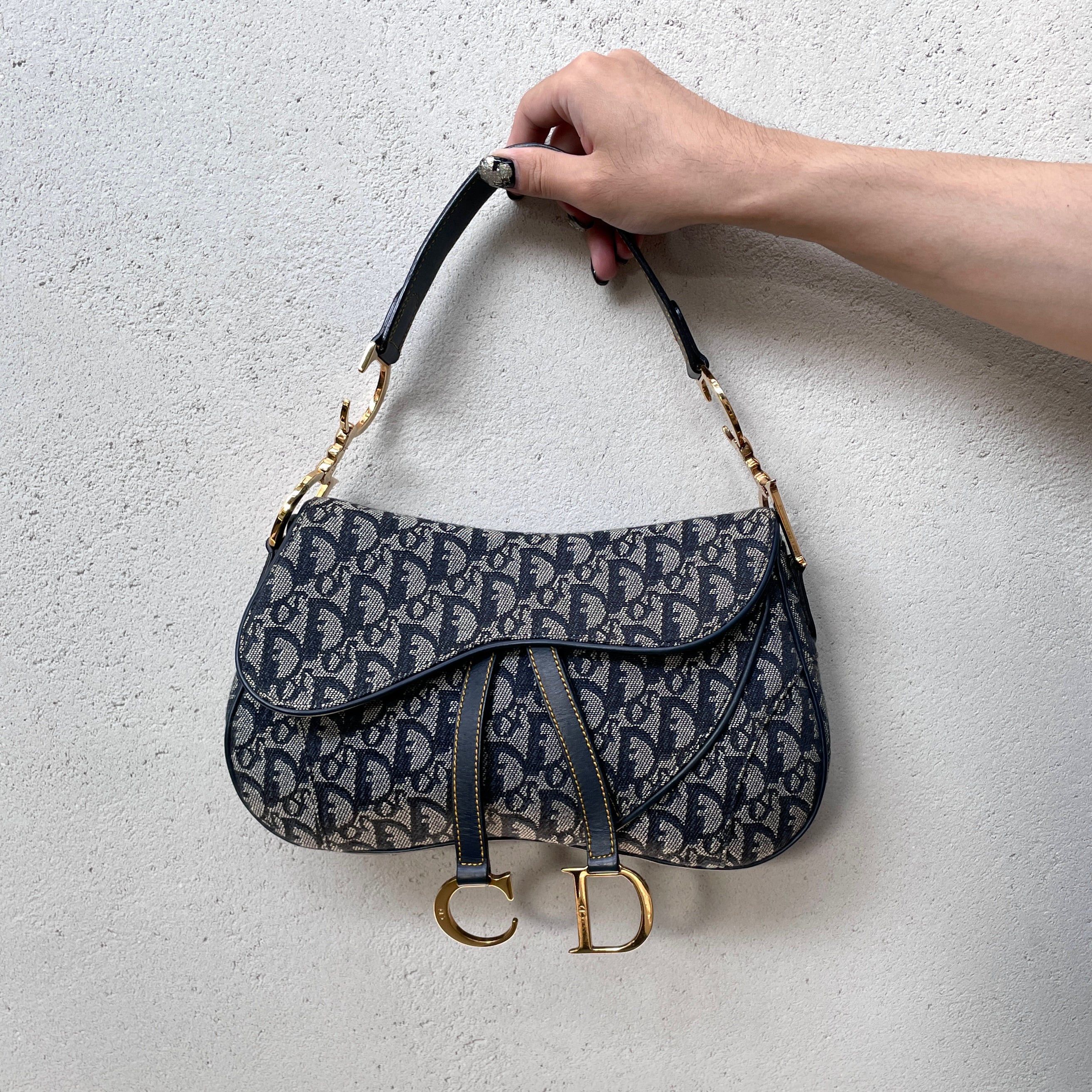 Christian Dior Trotter Canvas Saddle Shoulder Bag Cd Pendant Navy & Gold, Women's
