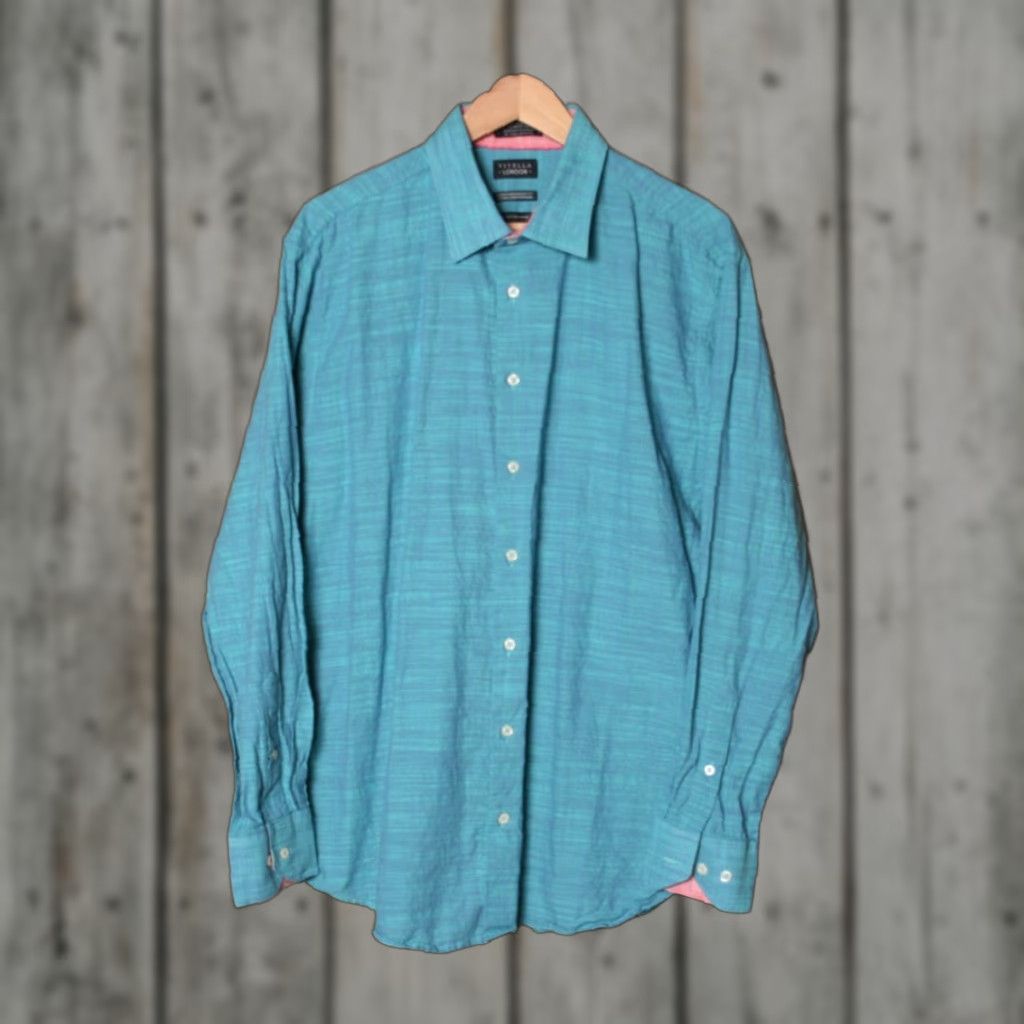 Vintage Viyella Shirt XL Blue Contempo Turquoise w/Pink Trim Button Front Button-Up Long Sleeve Mens (Adult) XL Blue Contempo Turquoise Pink Trim Size US XL / EU 56 / 4 - 1 Thumbnail