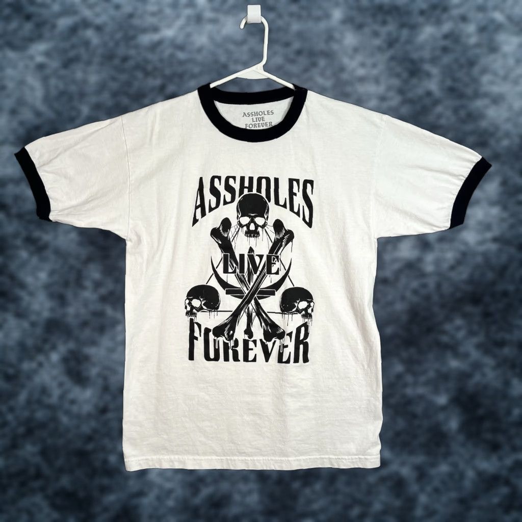 Olive VINTAGE Assholes Live Forever Skull Crossbones T Shirt Adult Large White Mens Size US L / EU 52-54 / 3 - 1 Thumbnail