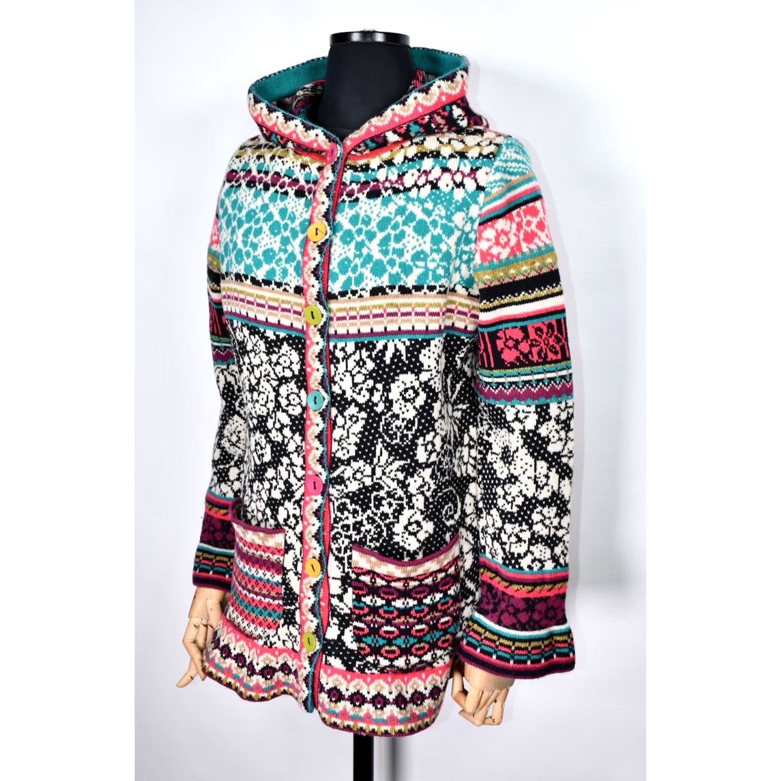 Vintage IVKO Multicoloured Knitted Wool Sweater Hooded Jacket Women's L Size L / US 10 / IT 46 - 6 Thumbnail