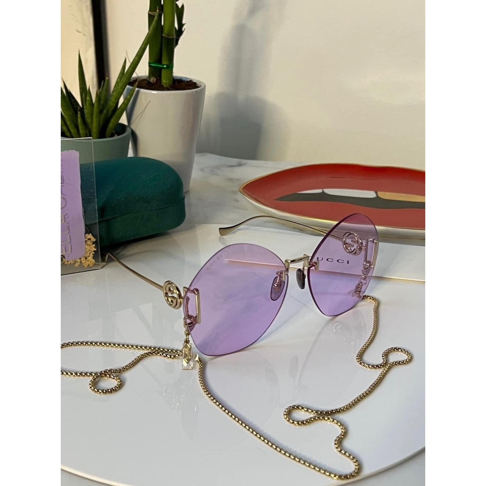 NEW Gucci GG1203S Tinted Violet Chain Rimless Sunglasses display picture 1