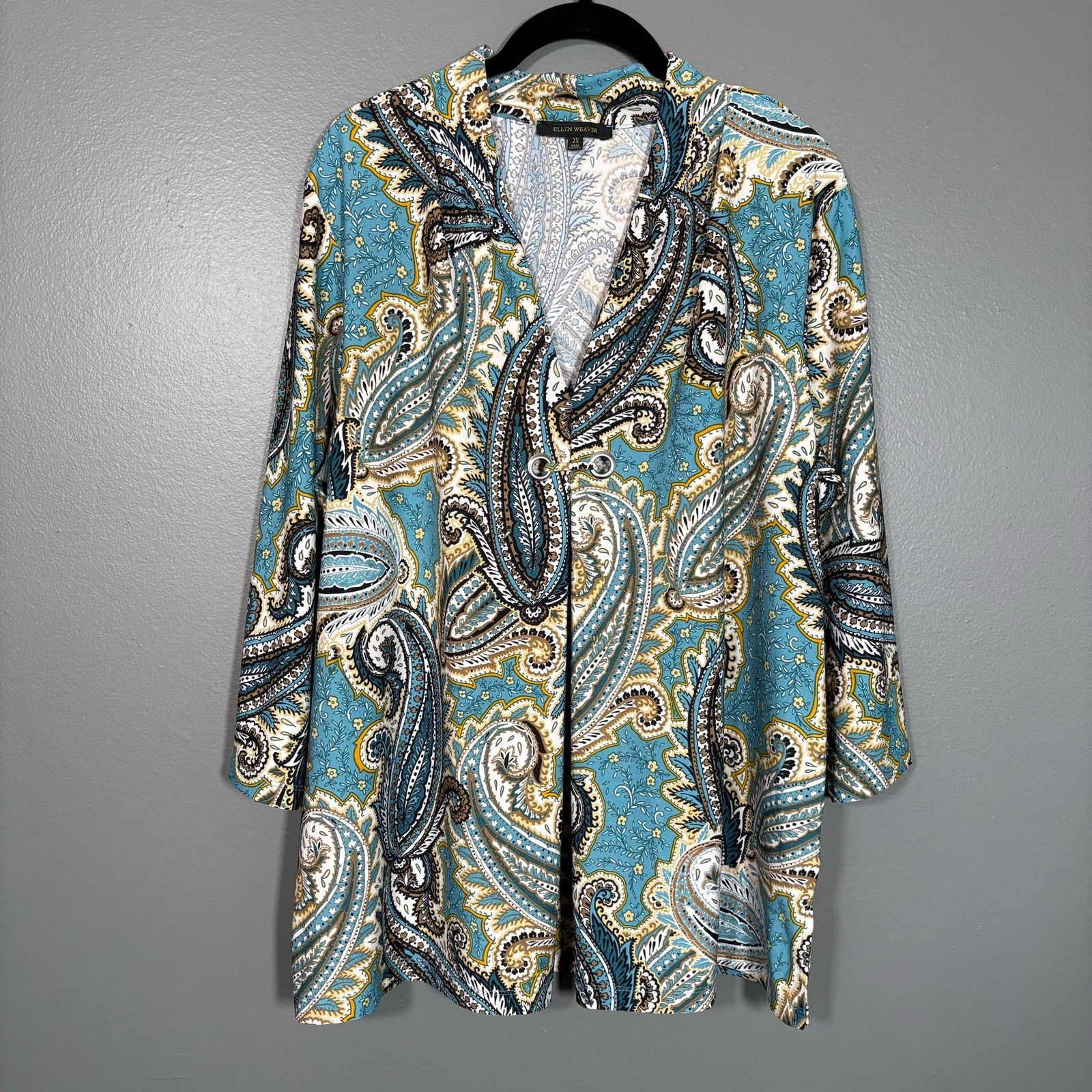 Other Ellen Weaver Turquoise Paisley Old Money Classic Blouse Size XXL / US 16-18 / IT 52-54 - 1 Thumbnail