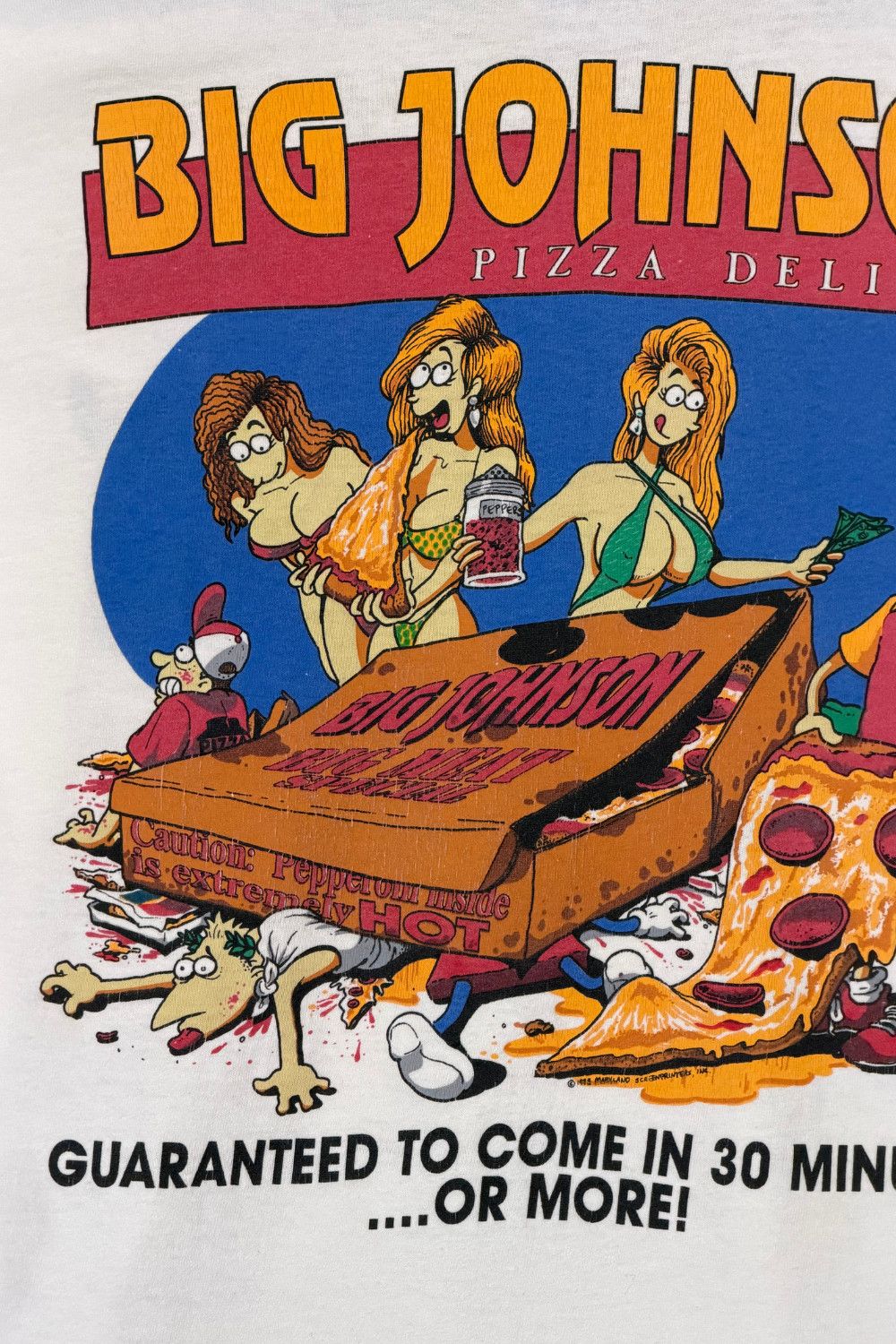 Vintage 1993 Big Johnson Pizza Delivery Graphic Tee Oneita Size US L / EU 52-54 / 3 - 12 Thumbnail