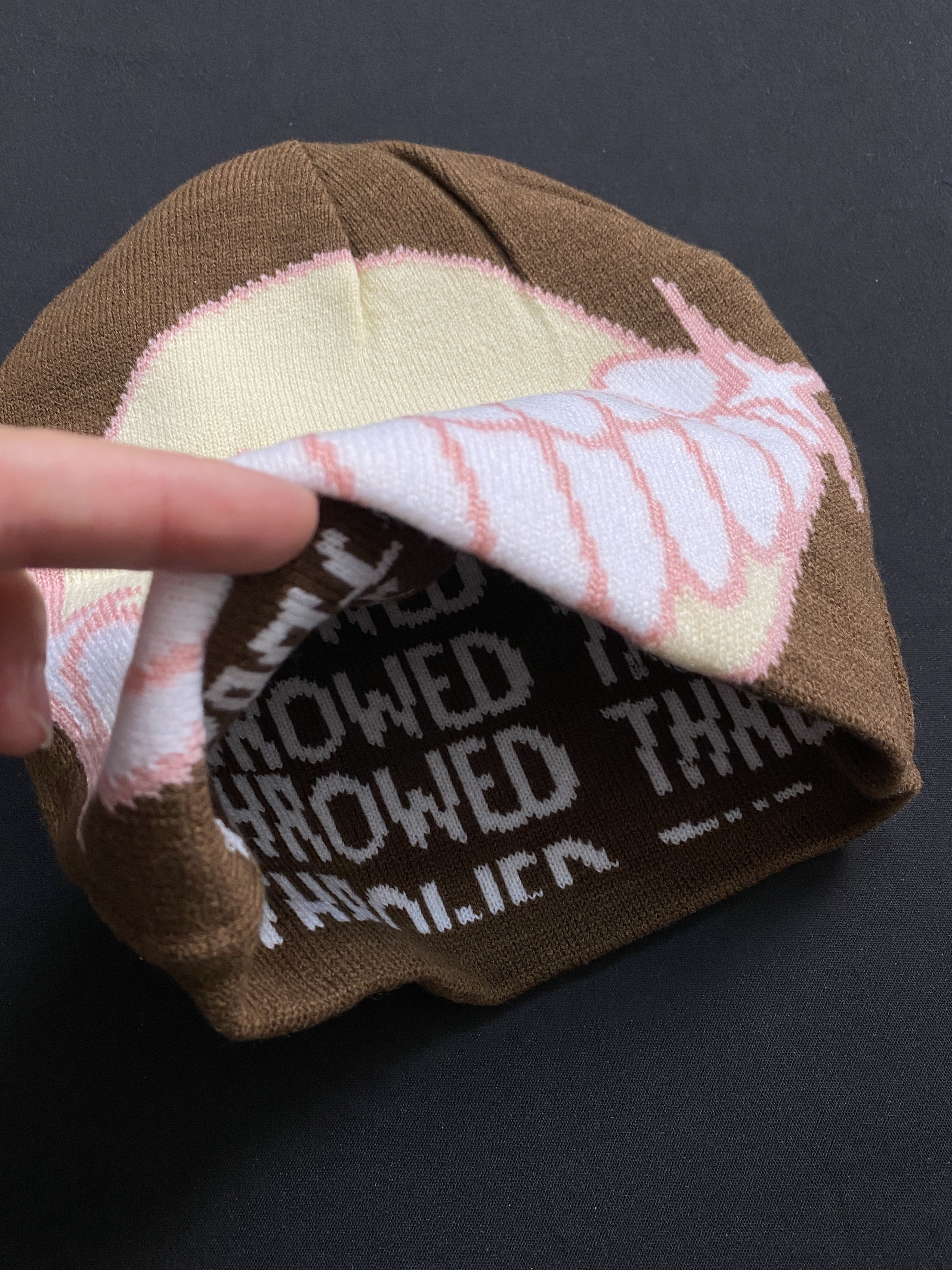 Japanese Brand Throwed Emoji Smiley Graphic No Cuff Brown Beanie Hats OS Size ONE SIZE - 3 Thumbnail