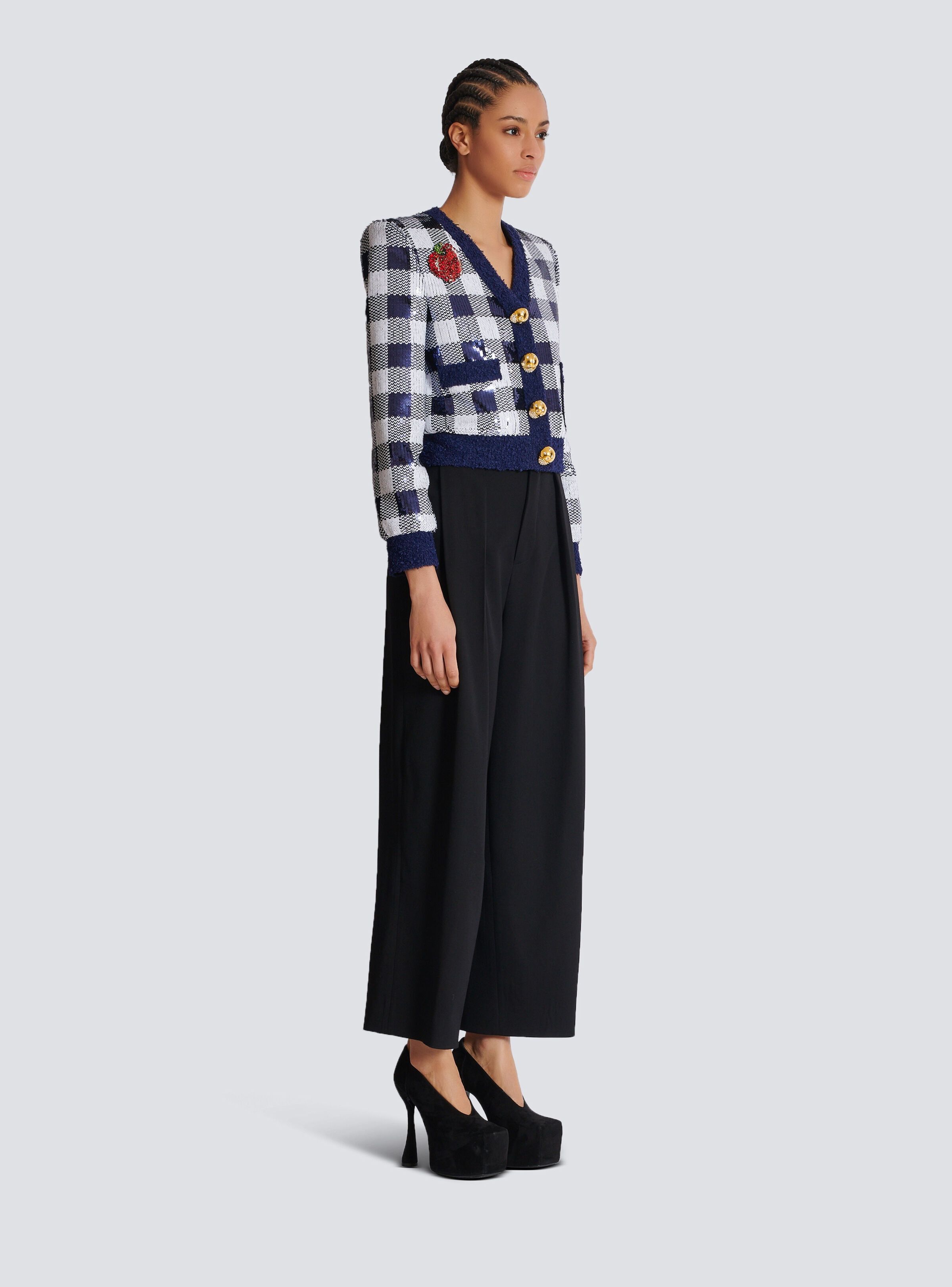 Balmain o1s1wg110825 Sequin Embellished Gingham Jacket in Blue Size L / US 10 / IT 46 - 3 Thumbnail
