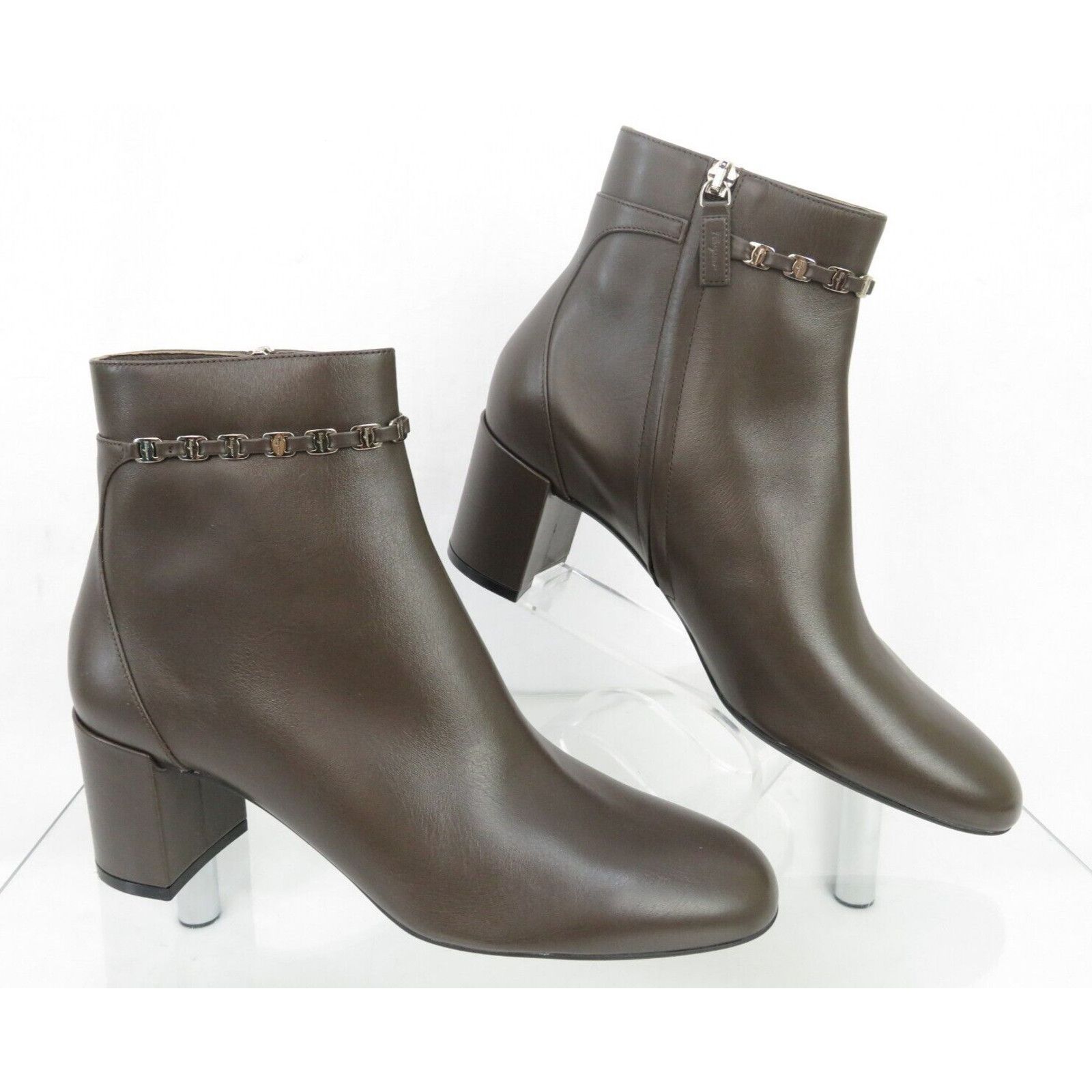 Salvatore Ferragamo NEW GHILA BROWN LEATHER GANCINI CHAIN ZIP ANKLE BOOTS 6.5 C Size US 6.5 / IT 36.5 - 4 Thumbnail