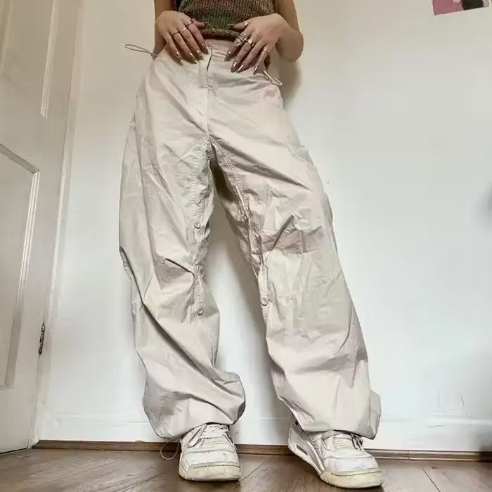 image of Vintage Drawstring Sweatpants Parachute Pants in Khaki, Women's (Size 40)