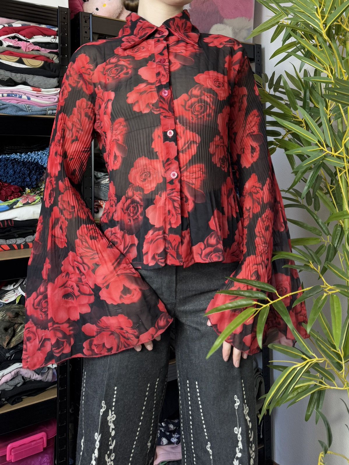 Vintage PLEATED QUILTED MESH ROSE SHIRT BOUSE Size M / US 6-8 / IT 42-44 - 3 Thumbnail