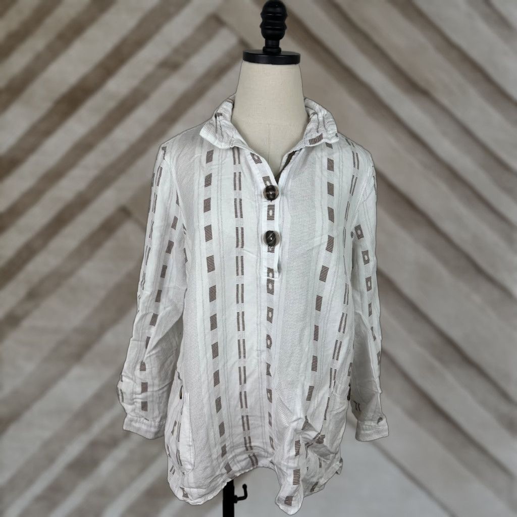 Vintage Ali Miles Shirt Womens Medium Linen Blend Geometric Stripe Roll Tab Sleeve Boho Size M / US 6-8 / IT 42-44 - 1 Thumbnail