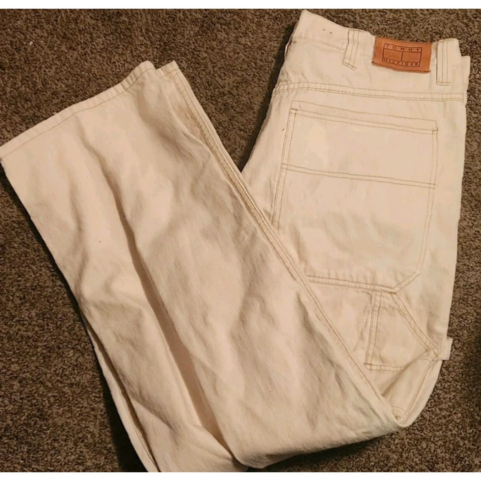 Tommy Hilfiger VINTAGE Tommy Hilfiger Jeans 42×34 Carpenter Baggy Skate White Striped Wide-Leg Men 42 Inseam 34 Regular Size US 42 / EU 58 - 2 Thumbnail