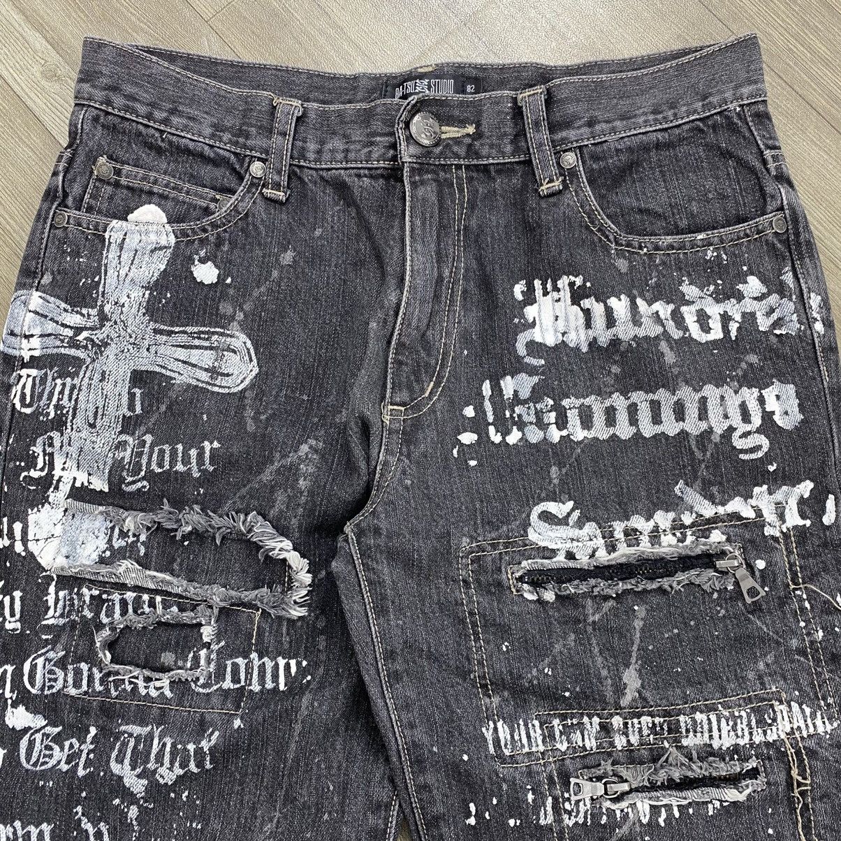Japanese Brand 2000s Batsu Studio Distressed Punk Cross Lgb Flared Jeans Size US 30 / EU 46 - 7 Thumbnail