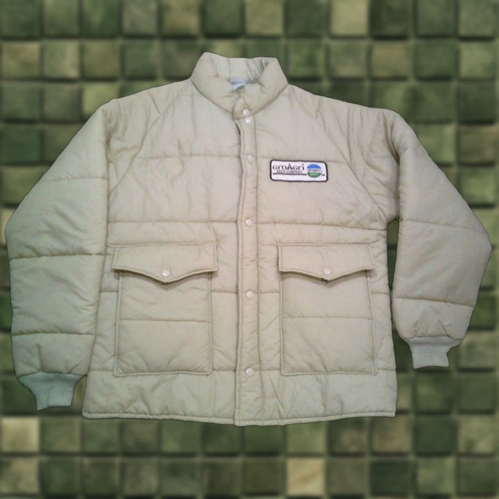 Vintage VINTAGE K-Brand Puffer Jacket Mens Large Beige Gro Agri Seed Company Jacket Regular Long Beige Logo Winter Fall Spring All Seasons Mens Size US L / EU 52-54 / 3 - 1 Thumbnail
