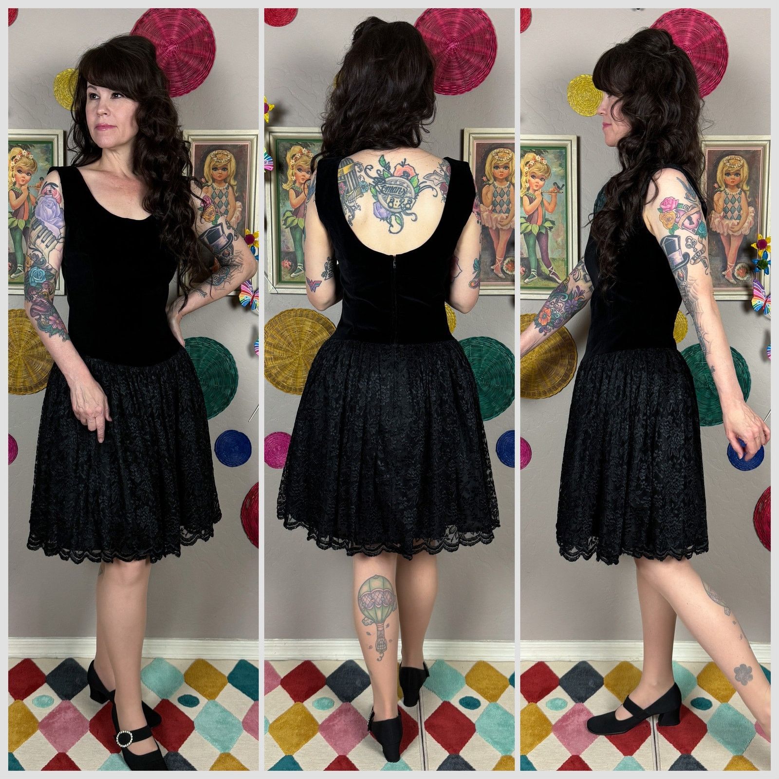 Vintage 1990s Black Velvet and Lace Sleeveless Fit and Flare Dress Size S / US 4 / IT 40 - 2 Thumbnail
