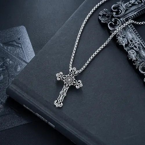 Jewelry Silver Ornate Cross Pendant Necklace, Men's Chain Necklace Size ONE SIZE - 4 Thumbnail