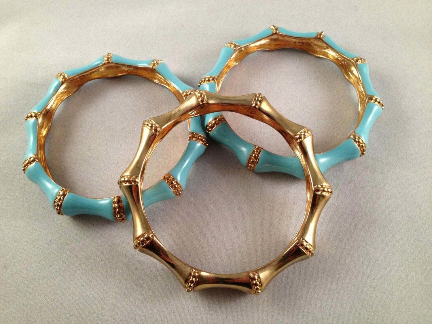 Designer Kenneth Lane 3 pc Bangle Set Simulated Bamboo Blue Enamel Size ONE SIZE - 1 Thumbnail