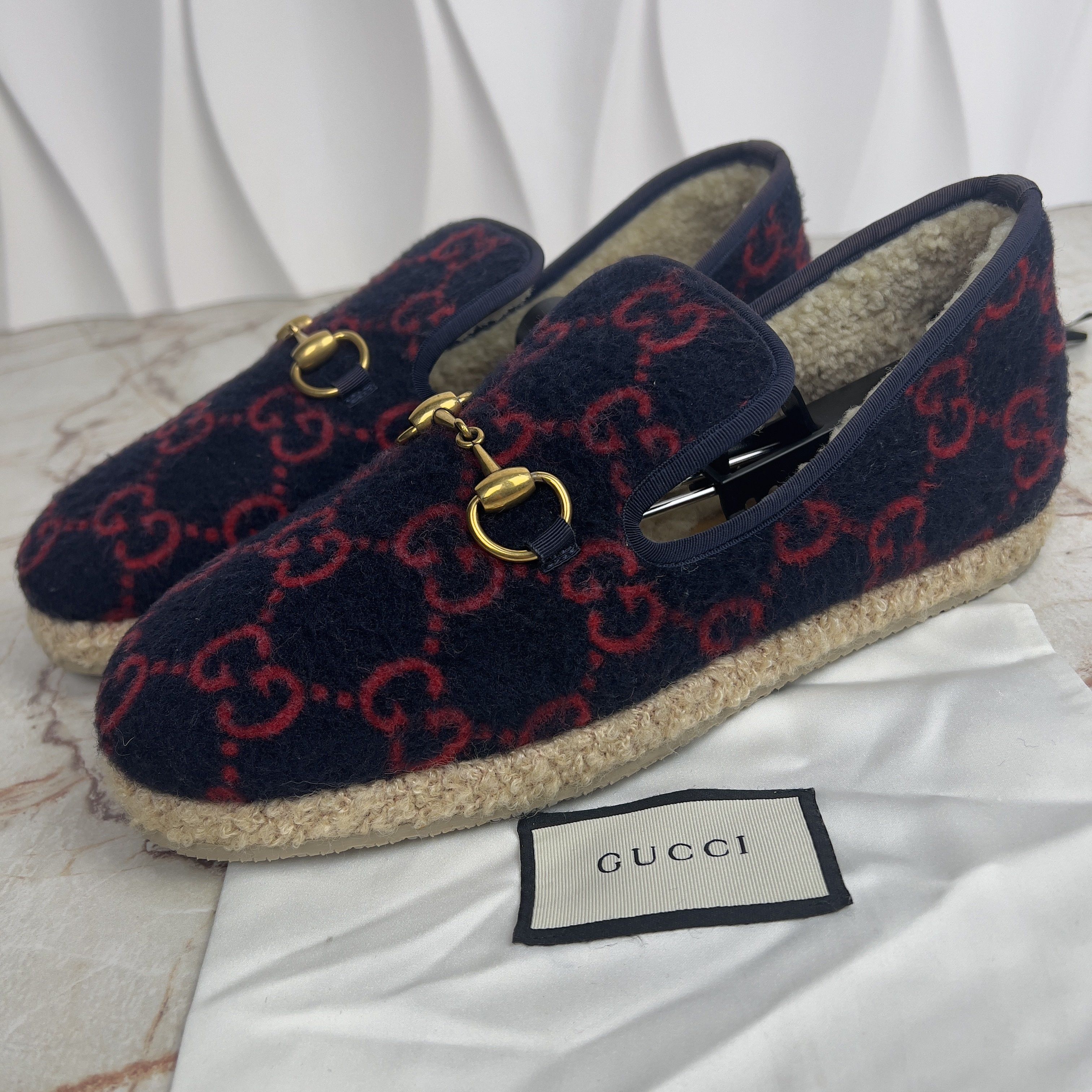Gucci EUC Fria Horsebit Espadrille GG Loafers Blue Wool Fur 
