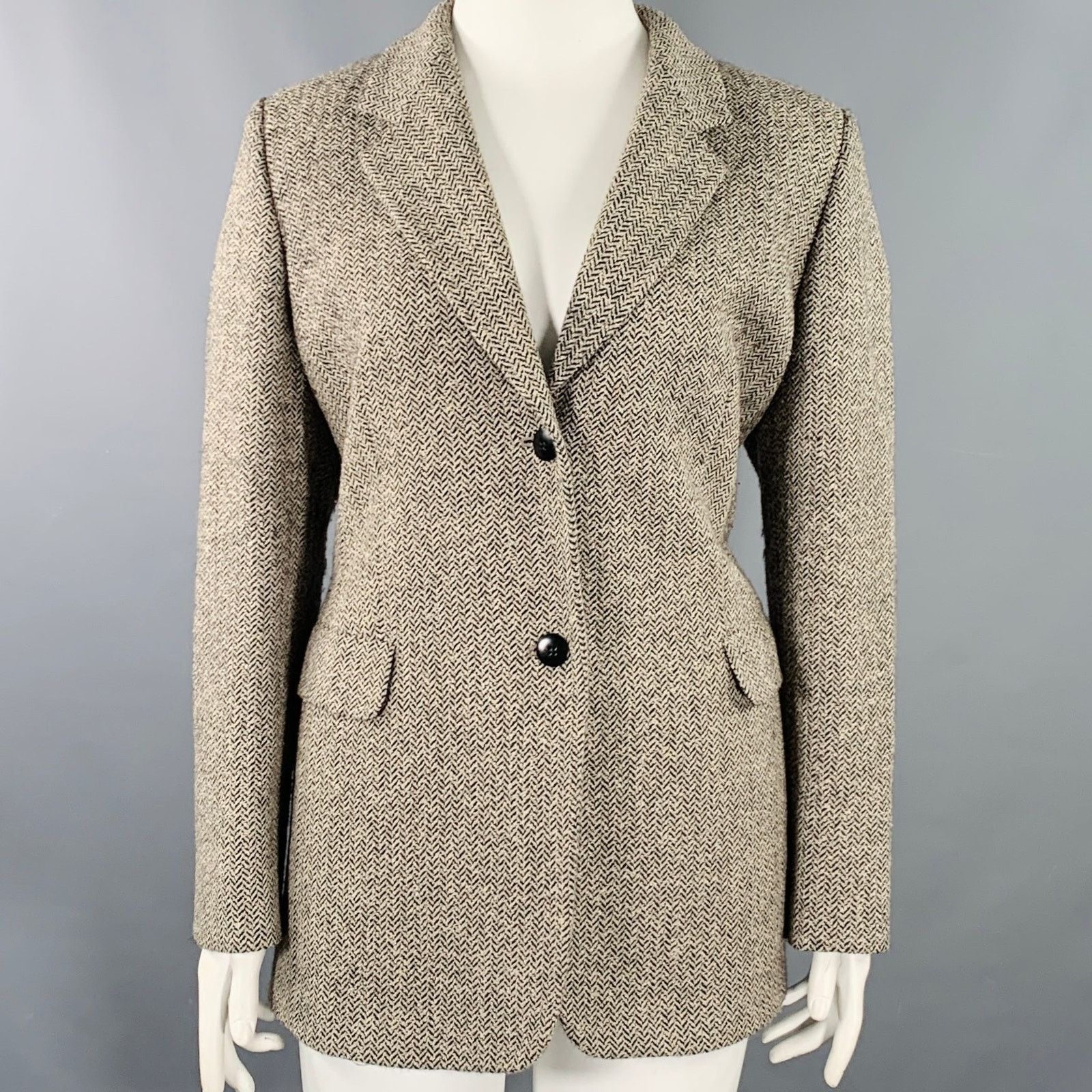 Other L Black Beige Wool Blend Herringbone Jacket Blazer Size L / US 10 / IT 46 - 1 Thumbnail