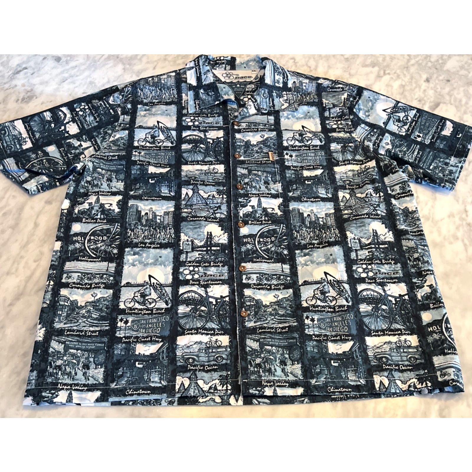 Vintage Pace Sports Wear Men’s XXL Button Short Sleeve Blue White Pacific Ocean Napa SF Shirt Adult XX Large Casual, Travel Size US 39 - 2 Thumbnail