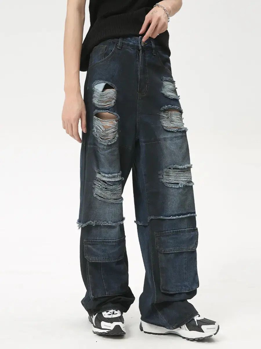 Japanese Brand Retro loose straight pocket ripped jeans Size US 32 / EU 48 - 4 Thumbnail