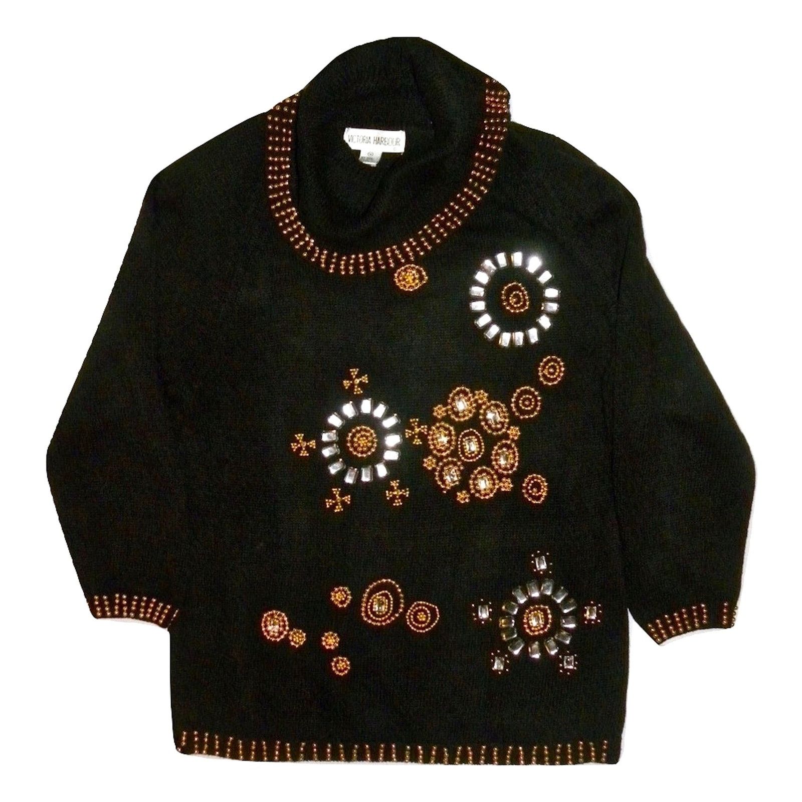 Vintage 90's Black Beaded Jeweled Cowl Neck Sweater Tunic Knit Dress Size M / US 6-8 / IT 42-44 - 2 Thumbnail