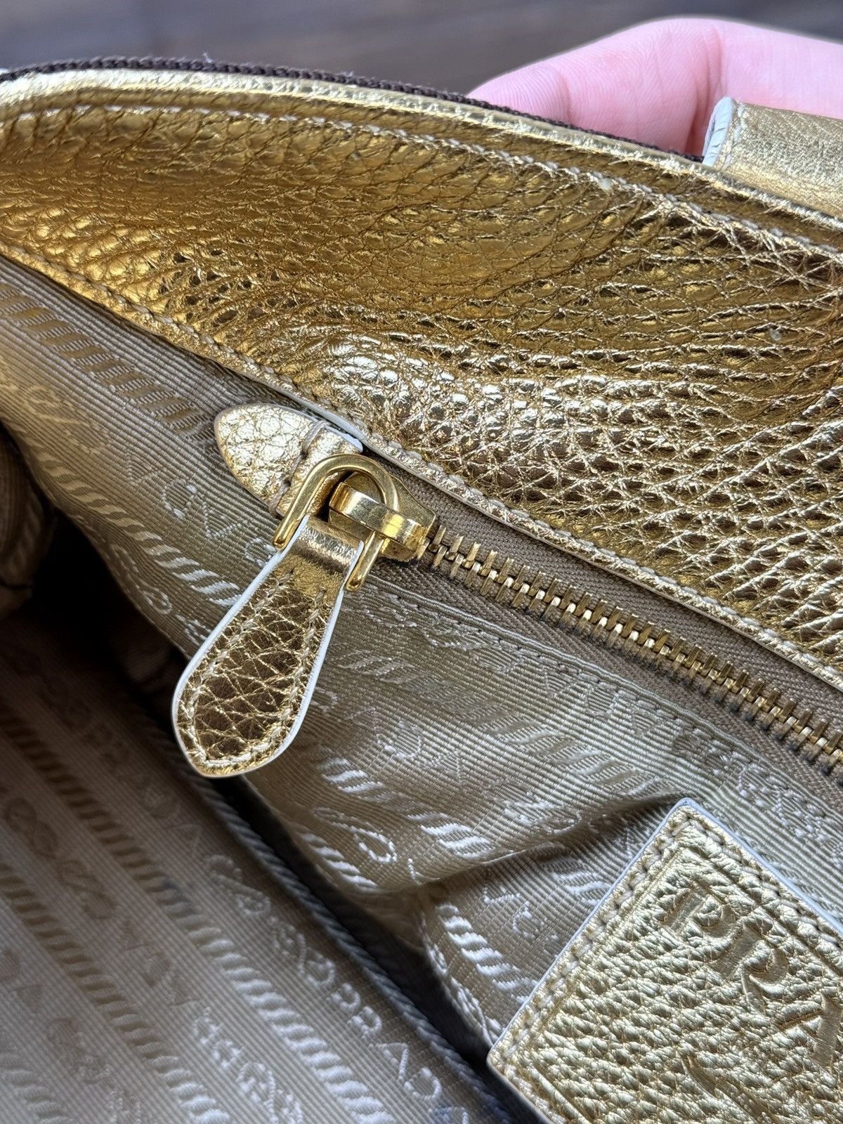 Prada Prada Brown Logo Jacquard Canvas Mettalic Gold Handle Bag Size ONE SIZE - 15 Thumbnail