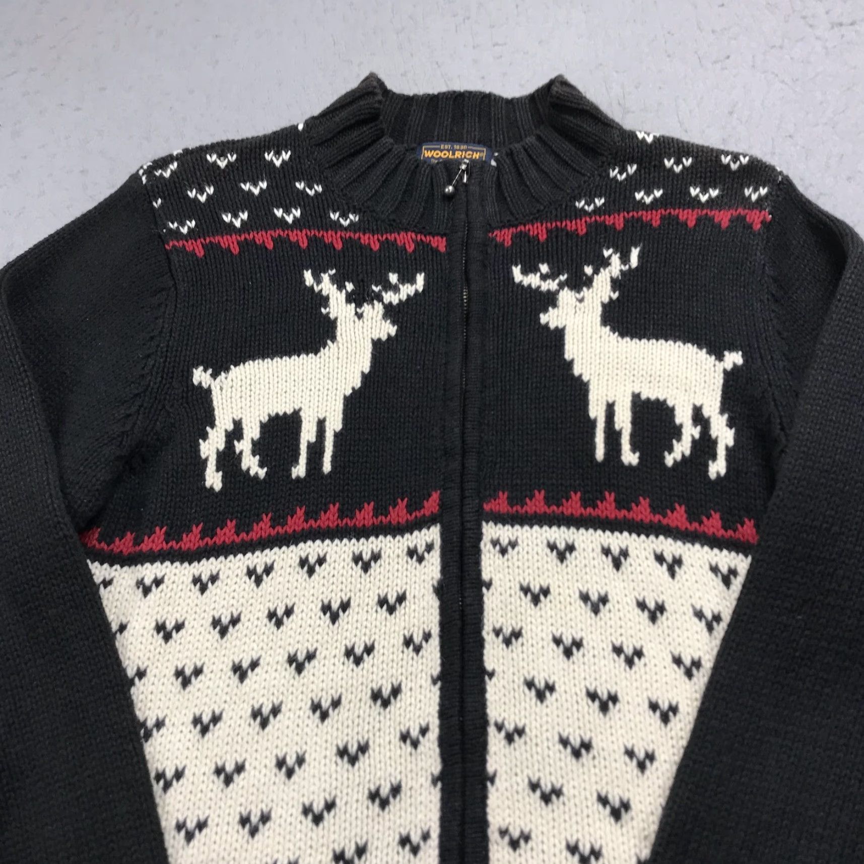 Vintage VINTAGE Woolrich Sweater Womens Large Cardigan 90s Full Zip Fair Isle Black Gray Deer Size L / US 10 / IT 46 - 3 Thumbnail