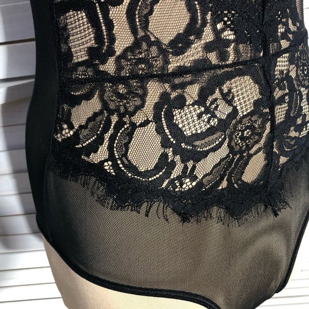 Vintage Y2K Bustier Bodysuit Lace Sheer Mesh Floral Black sz S Size ONE SIZE - 10 Thumbnail