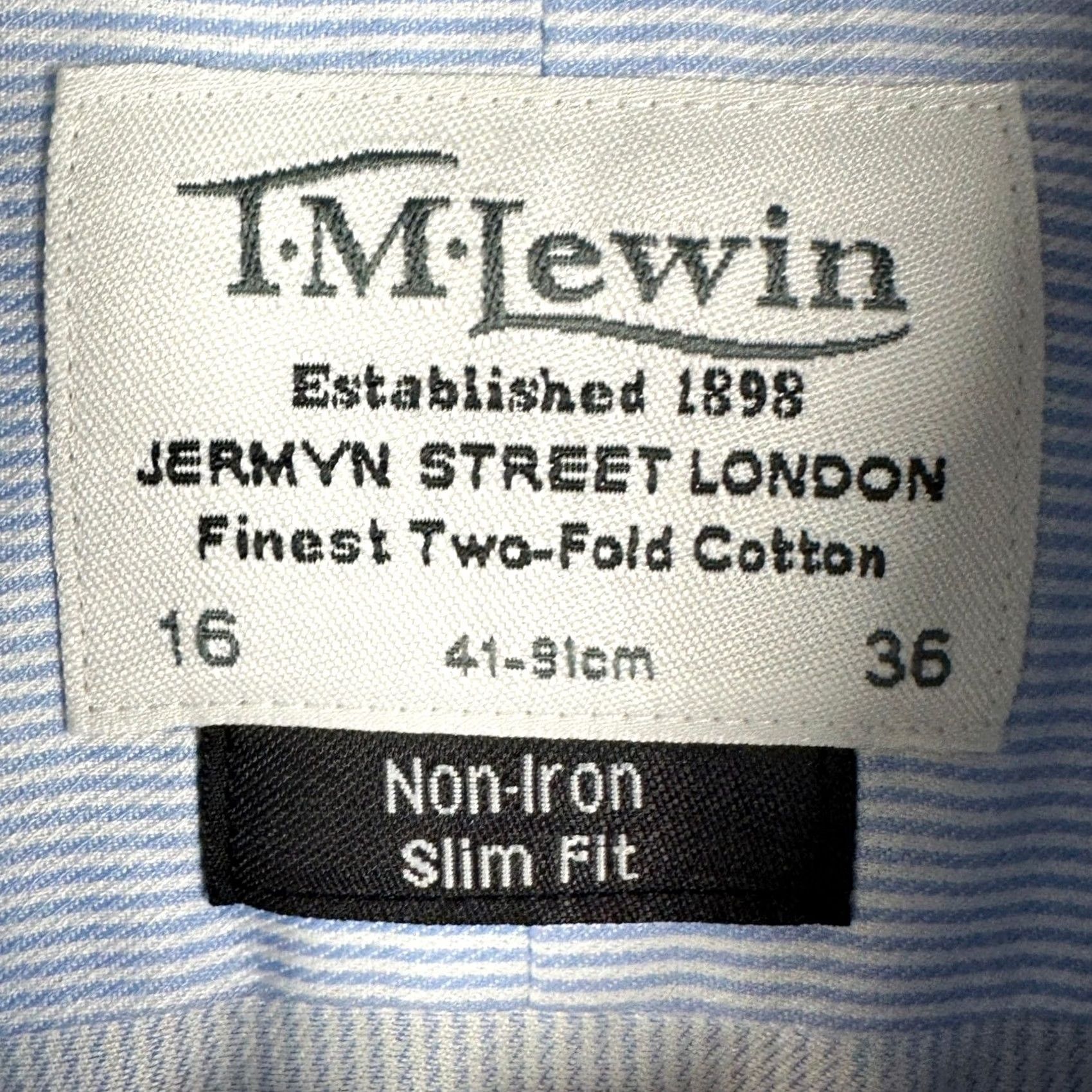 Vintage T.M. Lewin Shirt Mens 16-36 Dress Slim Fit Striped Non-Iron Blue White Button Up Casual Office Workwear Mens Size 42R - 4 Thumbnail