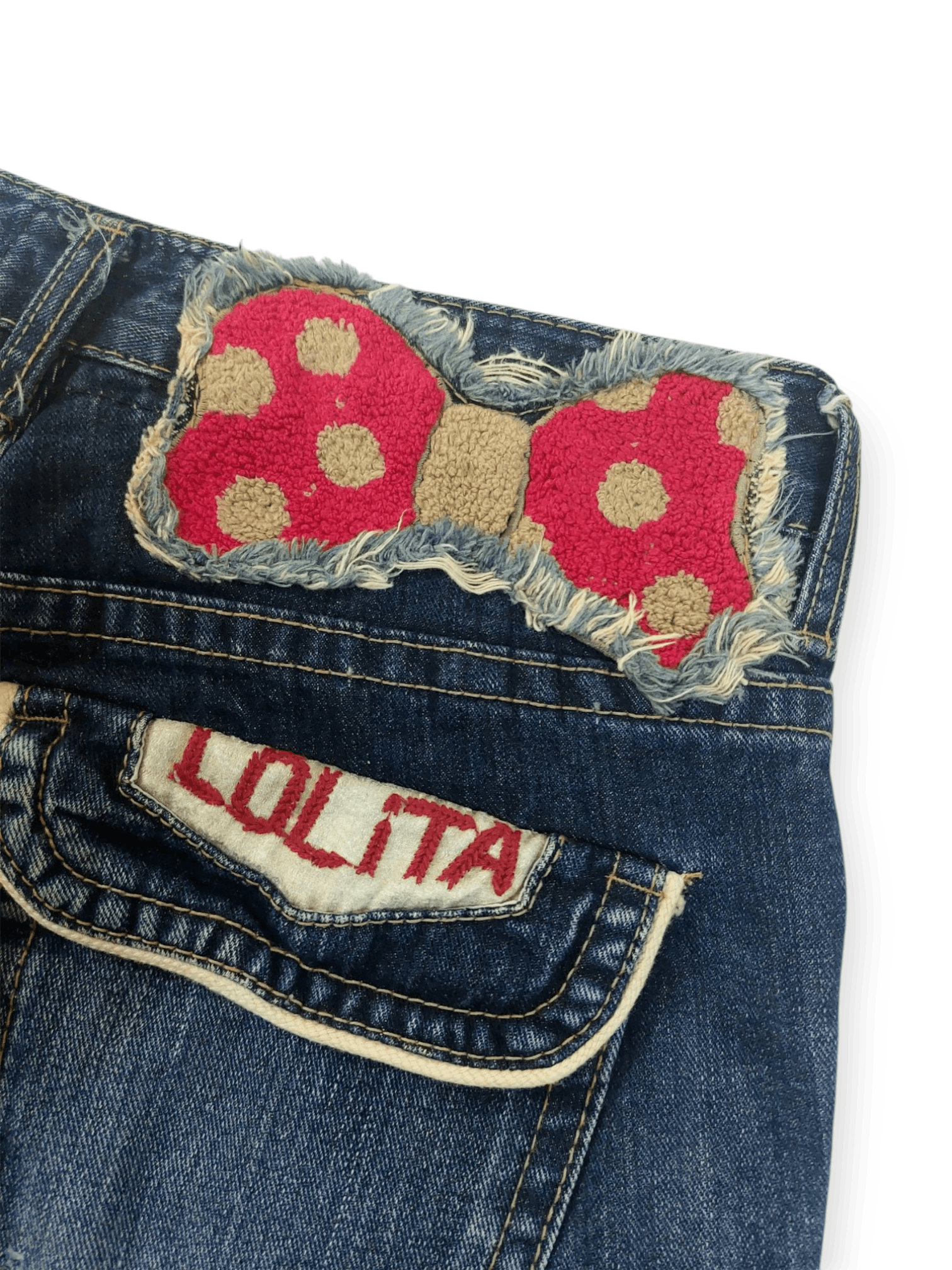 Vintage Lolita Jeans Embroidered Ribbon Mushroom Denim Size 29" - 14 Thumbnail
