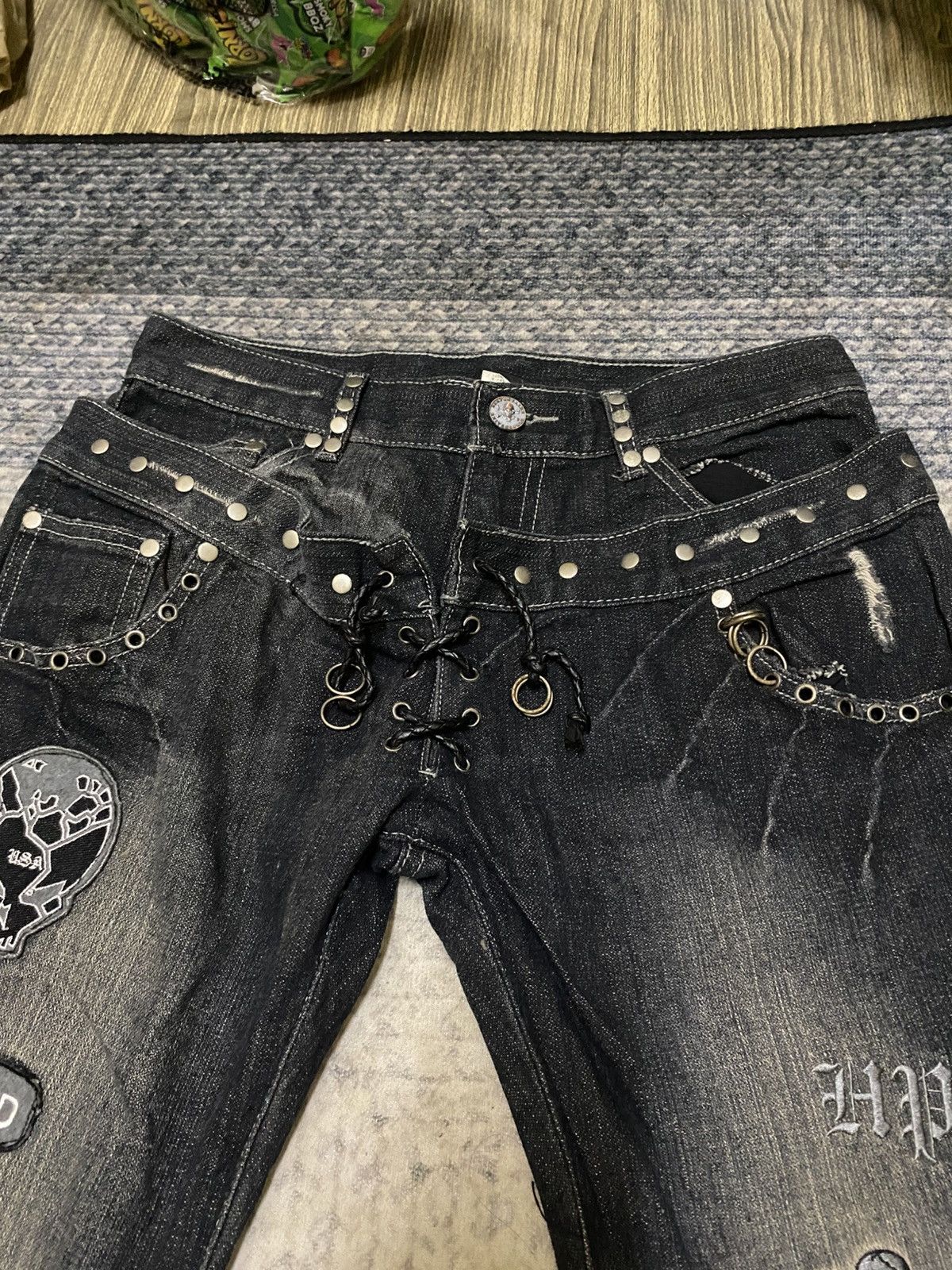 Japanese Brand HPP DOUBLE WAIST DISTRESSED STUD FLARED JEAN Size US 31 - 4 Thumbnail
