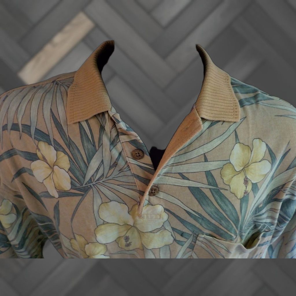 Tommy Bahama VINTAGE Tommy Bahama Polo Shirt Cotton Peach Yellow Green Tropical Print SS Polo MED Men Size US M / EU 48-50 / 2 - 1 Thumbnail