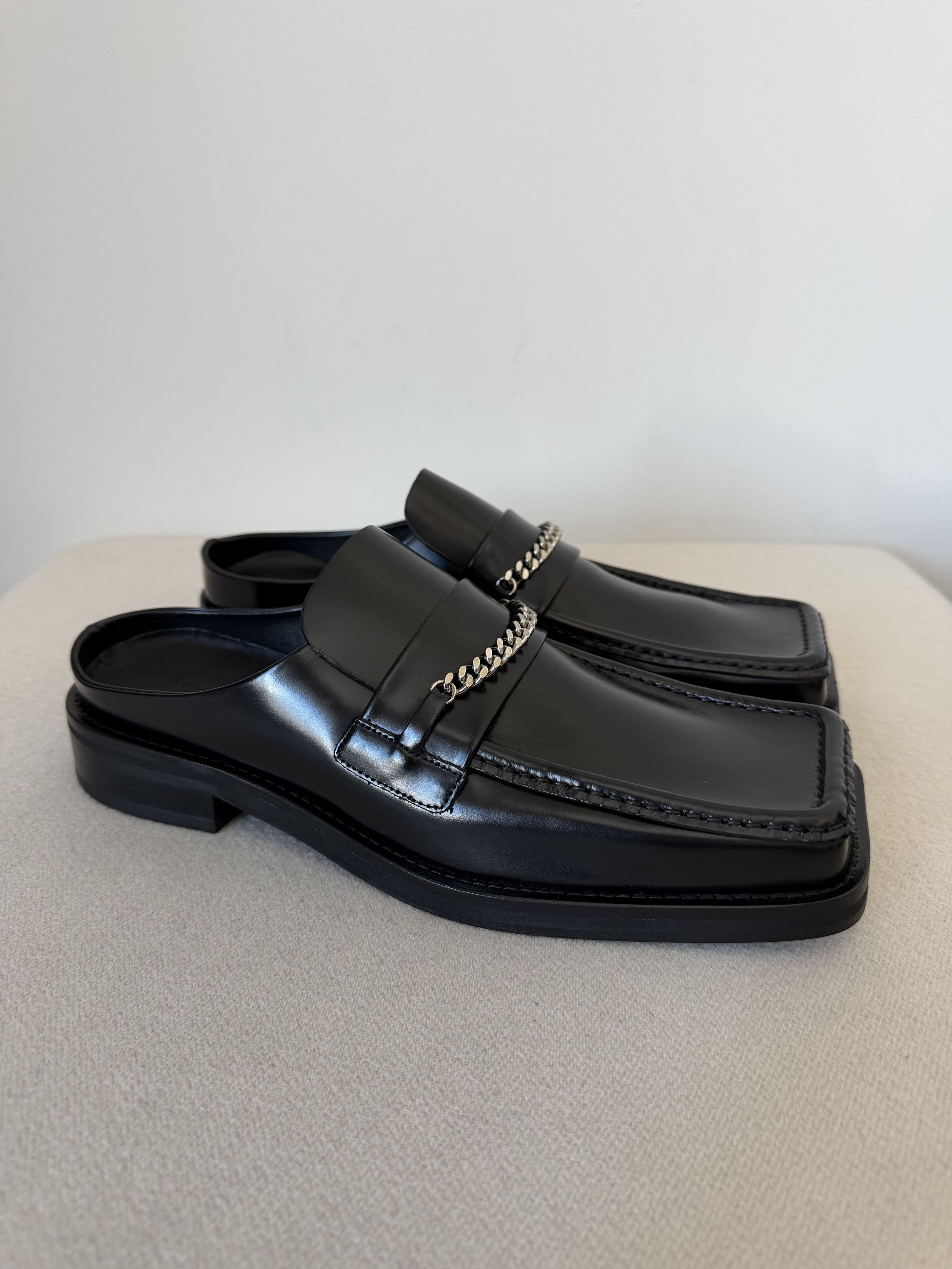 Martine Rose Square Toe Mules in Black Leather