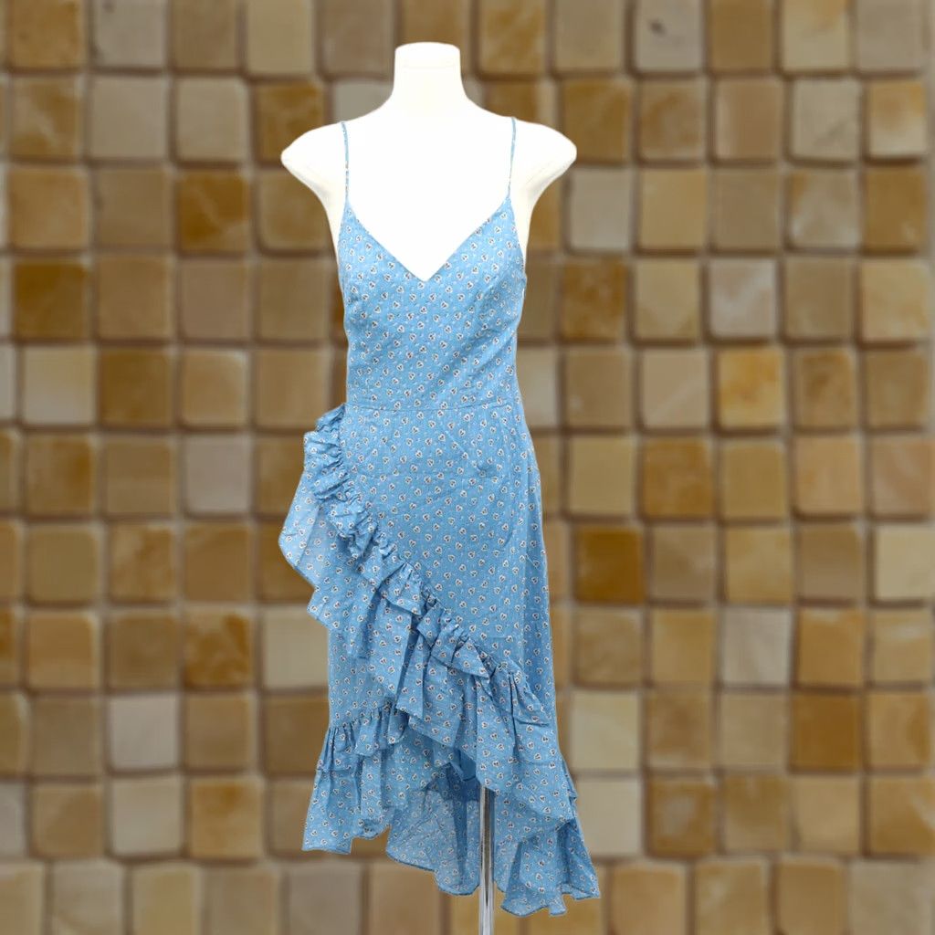 LoveShackFancy LoveShackFancy Women's Maya Wrap Dress Ruffle Uneven Hem Blue Sz 2 Midi V-Neck Floral Party/Cocktail 100% Cotton Machine Washable Size XS / US 0-2 / IT 36-38 - 1 Thumbnail