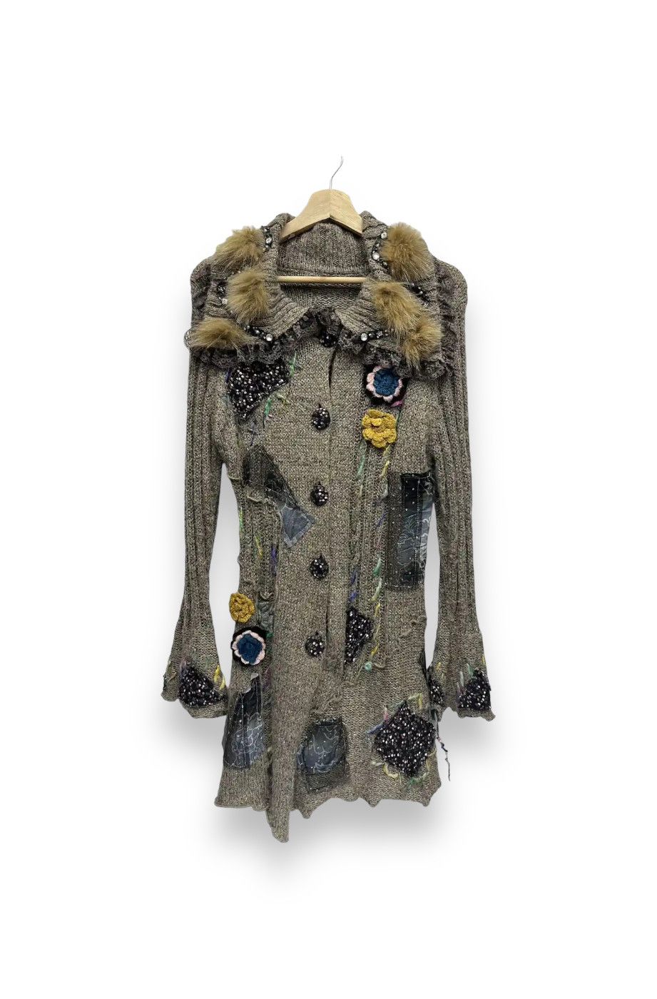 image of Aran Isles Knitwear x Vintage Acrylic Wool Art Patchwork Designer Knitwear in Light Brown, Women's 
