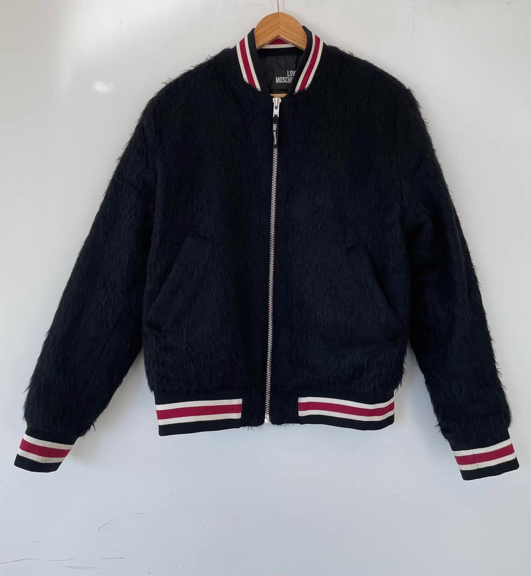 Moschino Black Fuzzy er Jacket with Striped Trim Size US M / EU 48-50 / 2 - 1 Thumbnail