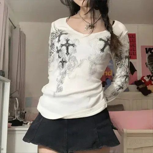 Japanese Brand × Vintage Fashion Graphic Cross Long Sleeve Crystal Top Size S / US 4 / IT 40 - 2 Thumbnail