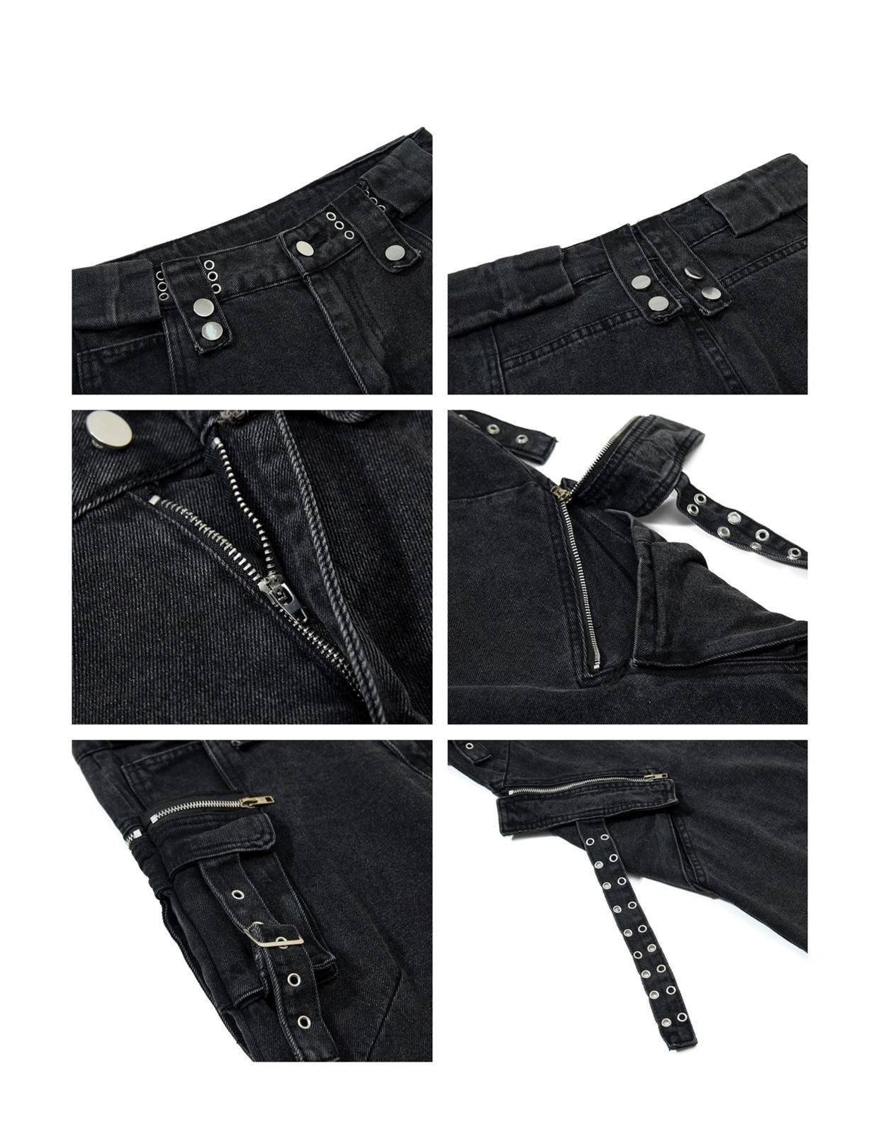 Japanese Brand Black Wide Leg Cargo Pants with Zipper and Strap Details Size US 32 / EU 48 - 4 Thumbnail