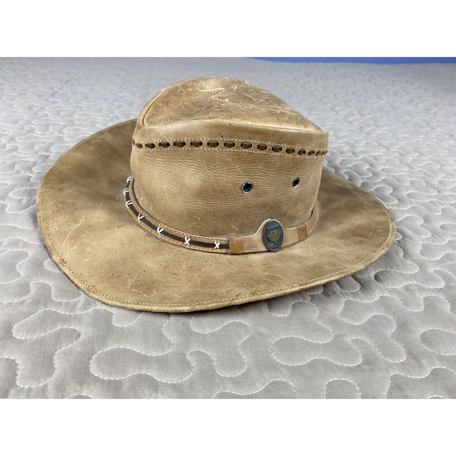 CO VINTAGE Black Bart Villano Hat Co Leather Western Cowboy Hat Outdoorsman Sz M Brown Leather Western Cowboy Hat Mens M Size ONE SIZE - 2 Thumbnail