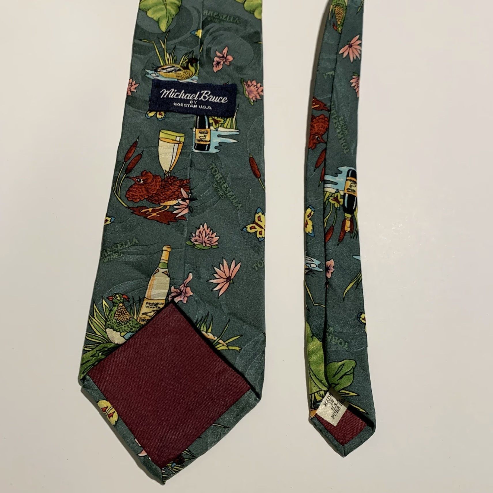 Vintage Vintage Men's Silk Tie MICHAEL BRUCE Made in USA Green Animal Print Party Business Size ONE SIZE - 6 Thumbnail