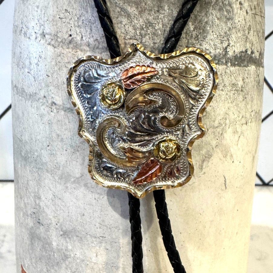 Vintage Vintage silver gold copper plated rose leaf leather bolo Size ONE SIZE - 3 Thumbnail