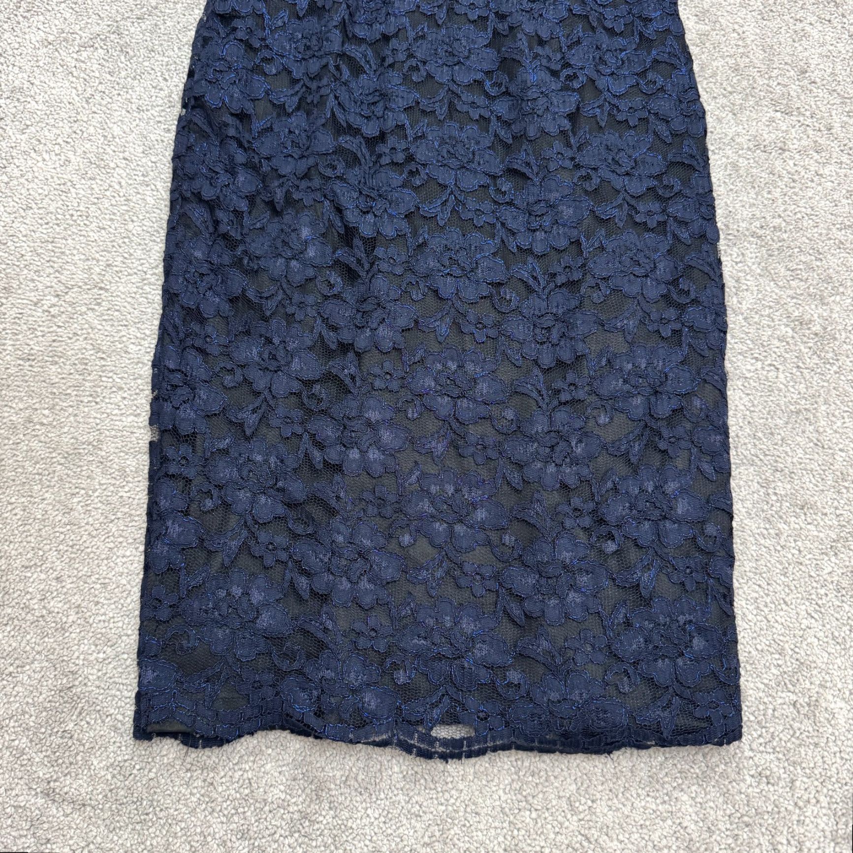 MAGGY LONDON Maggy London Dress Womens 4 Navy Blue Lace Overlay Pencil Midi Sheath Cocktail Size S / US 4 / IT 40 - 6 Thumbnail